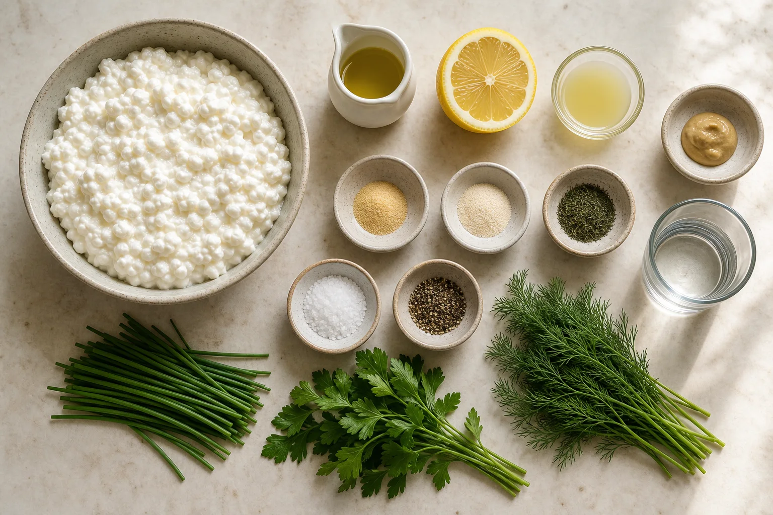 Cottage cheese, olive oil, lemon, Dijon, garlic powder, onion powder, dill, chives and parsley