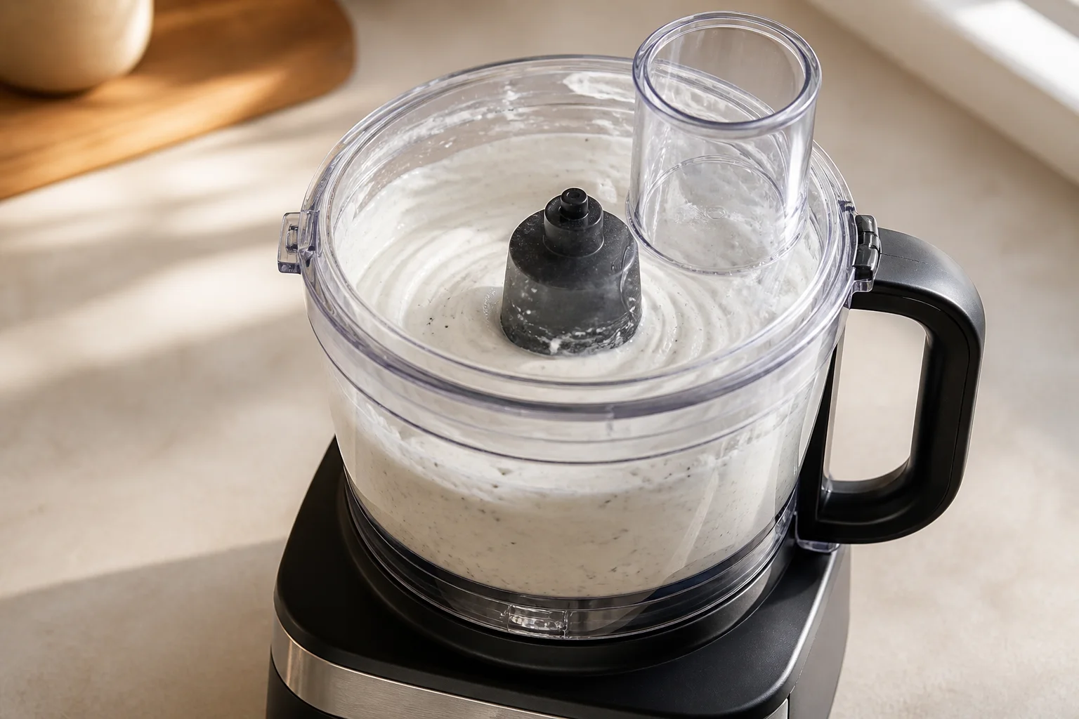 Smooth white cottage cheese ranch base in a food processor before fresh herbs are added