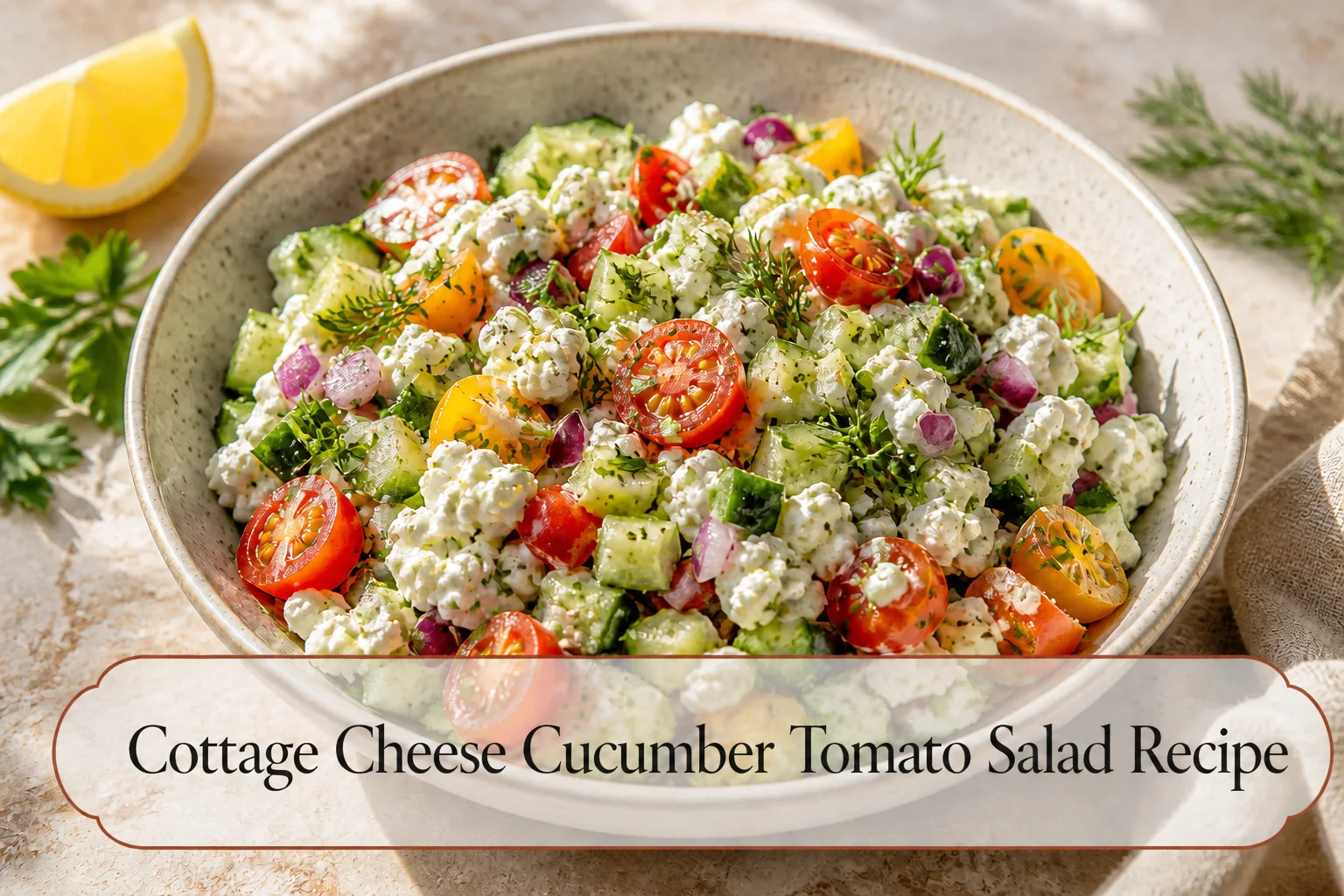 Cottage cheese salad with title reading Cottage Cheese Cucumber Tomato Salad Recipe