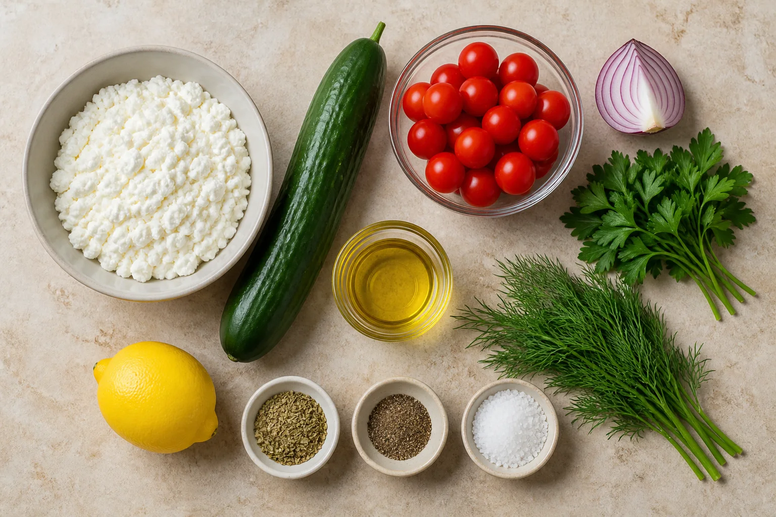 Cottage cheese, English cucumber, cherry tomatoes, red onion, parsley, dill, olive oil, lemon, oregano and pepper