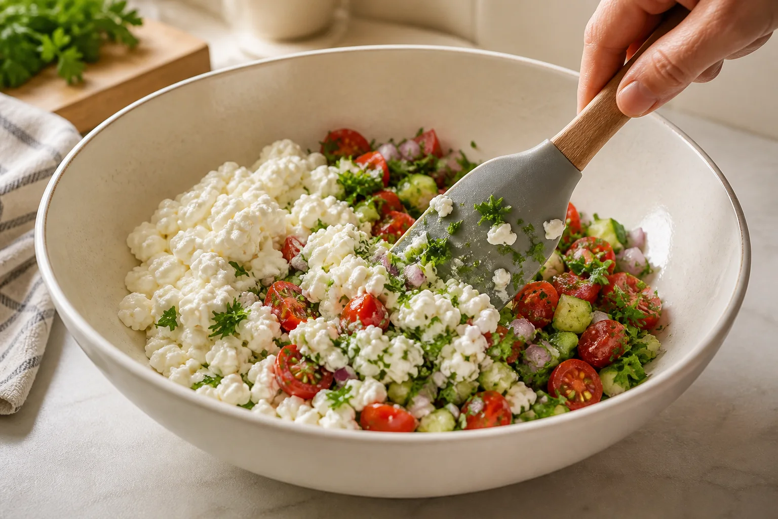 Seasoned cucumber, tomatoes and herbs being gently folded into cottage cheese