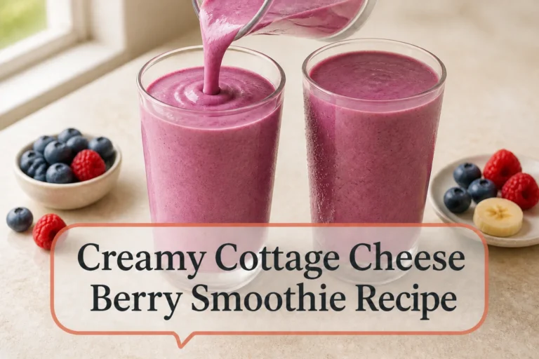 Berry smoothie with title reading Creamy Cottage Cheese Berry Smoothie Recipe
