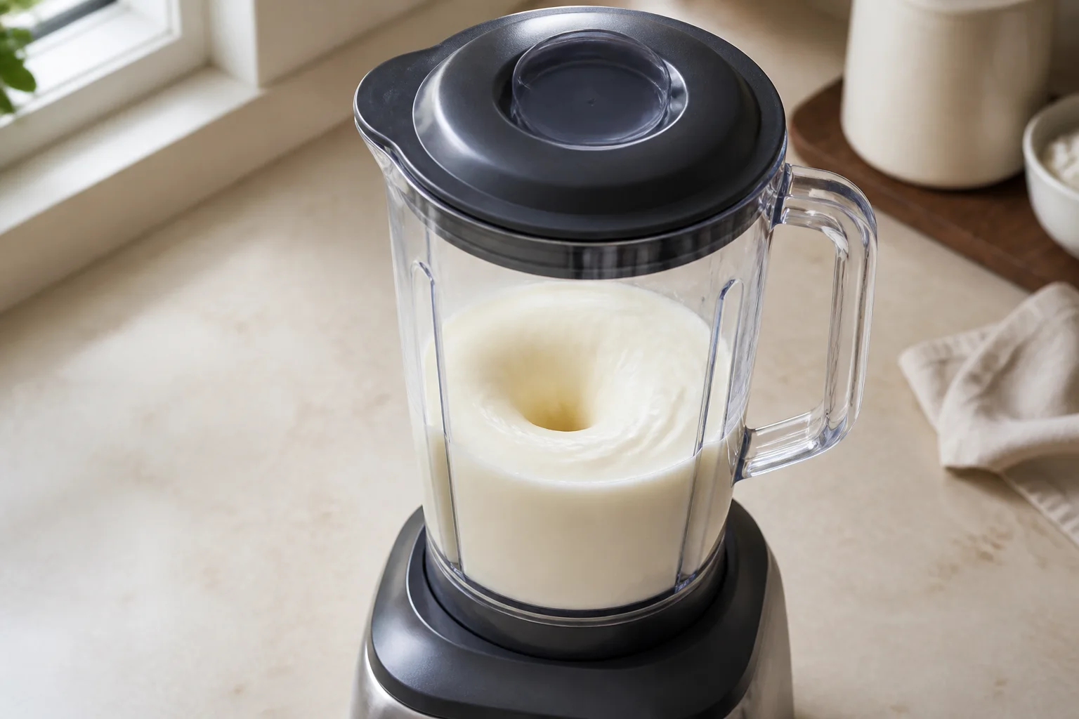 Smooth white cottage cheese and milk base swirling in a countertop blender before fruit is added