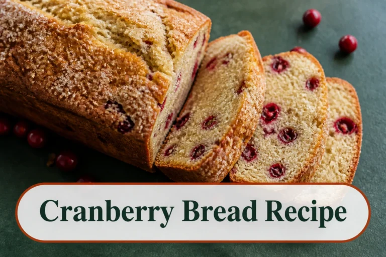 Sliced orange cranberry quick bread on a dark green board, pale golden tender crumb with ruby berry pockets, sparkling sugar top and natural central crack. The lower title bubble reads Cranberry Bread Recipe.