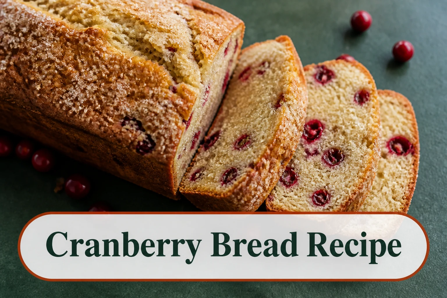 Sliced orange cranberry quick bread on a dark green board, pale golden tender crumb with ruby berry pockets, sparkling sugar top and natural central crack. The lower title bubble reads Cranberry Bread Recipe.