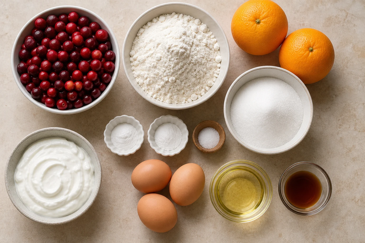 Fresh cranberries, oranges, flour, baking powder, baking soda, salt, sugar, eggs, Greek yogurt, neutral oil and vanilla in realistic measured quantities overhead.