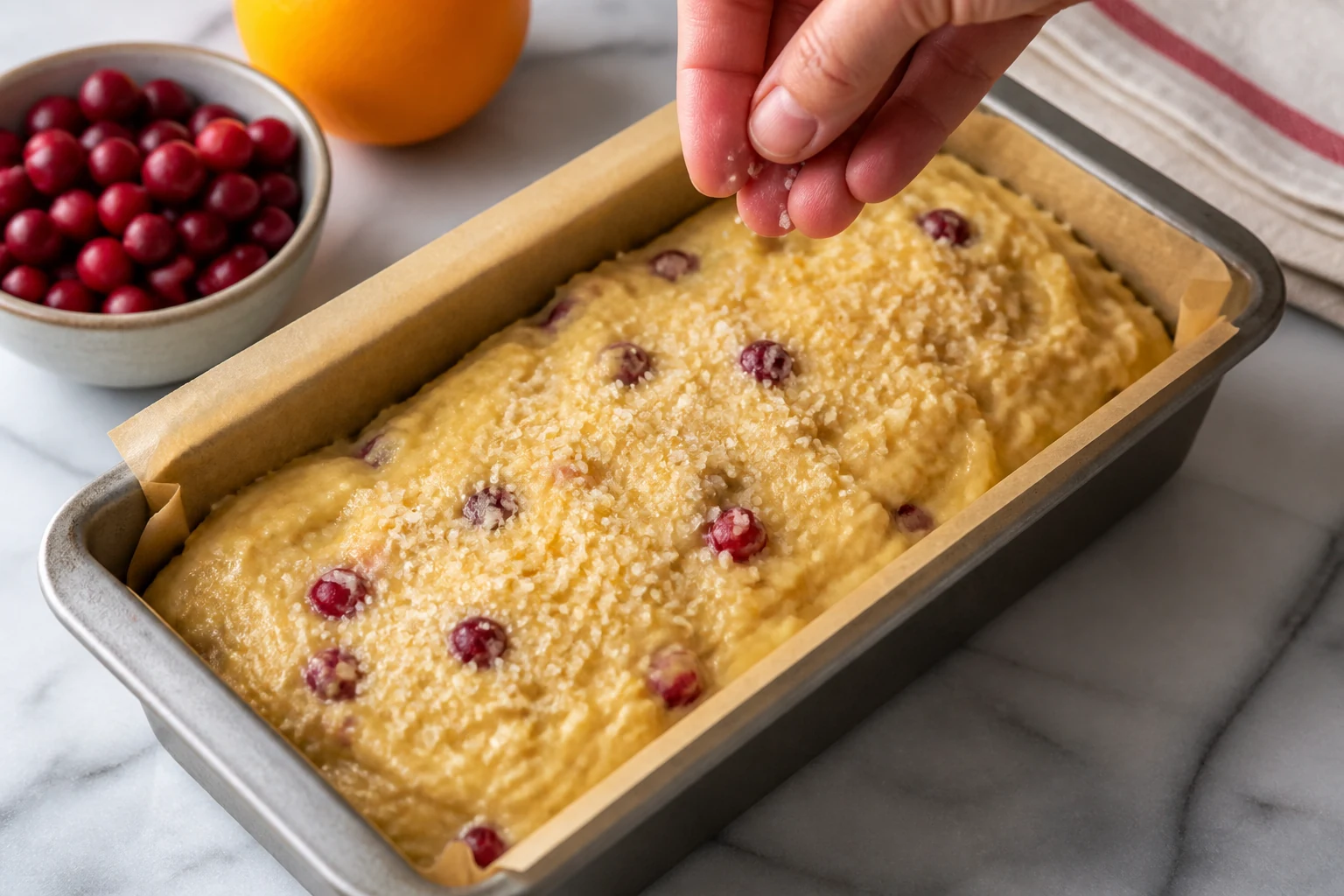 Thick orange-scented quick-bread batter with red cranberries spread in a parchment-lined metal loaf pan and sprinkled with coarse sugar.