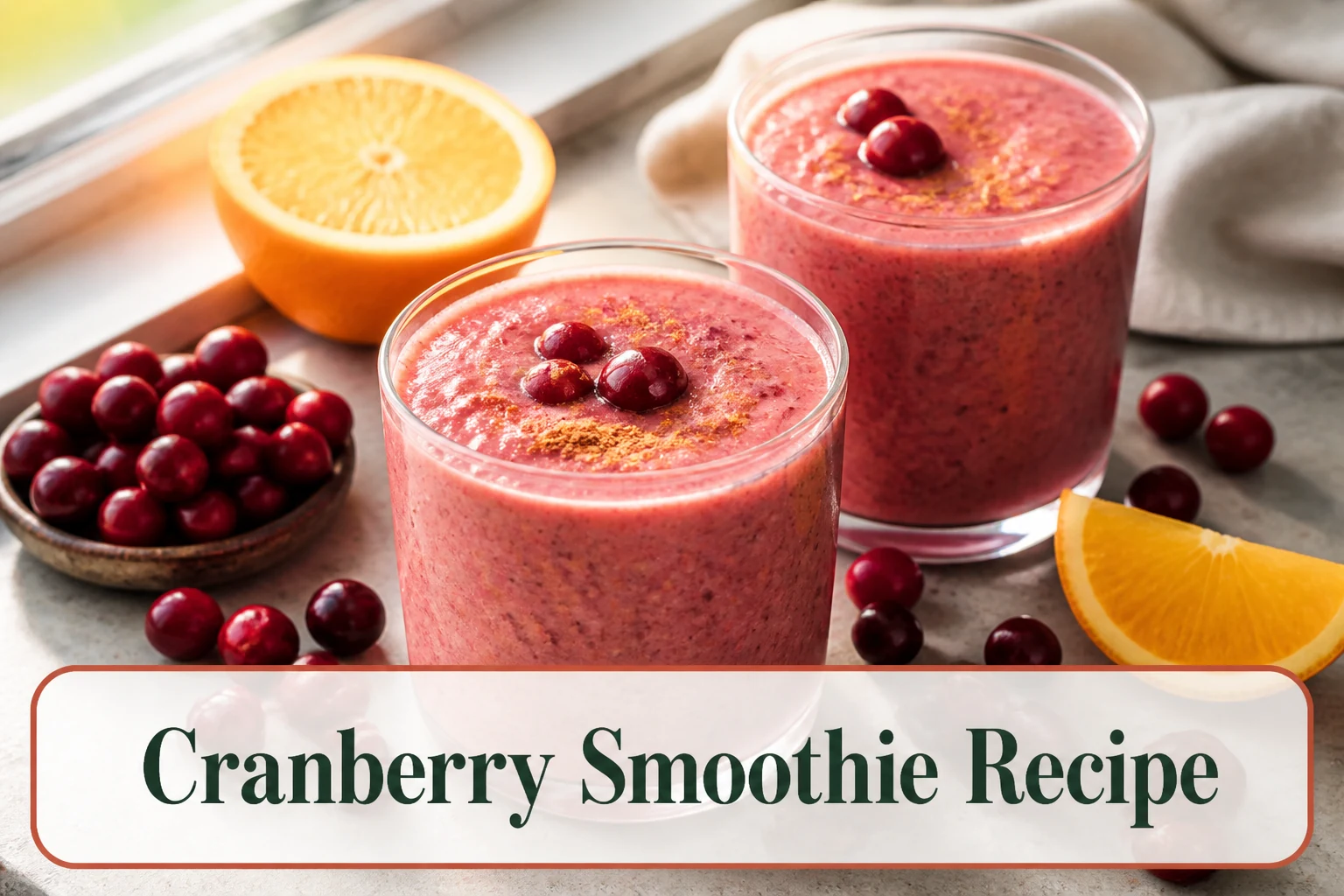 Two creamy pink-red cranberry smoothies in clear glasses, orange and cranberry accents, thick natural texture and a light cinnamon dust under soft window light. The lower title bubble reads Cranberry Smoothie Recipe.