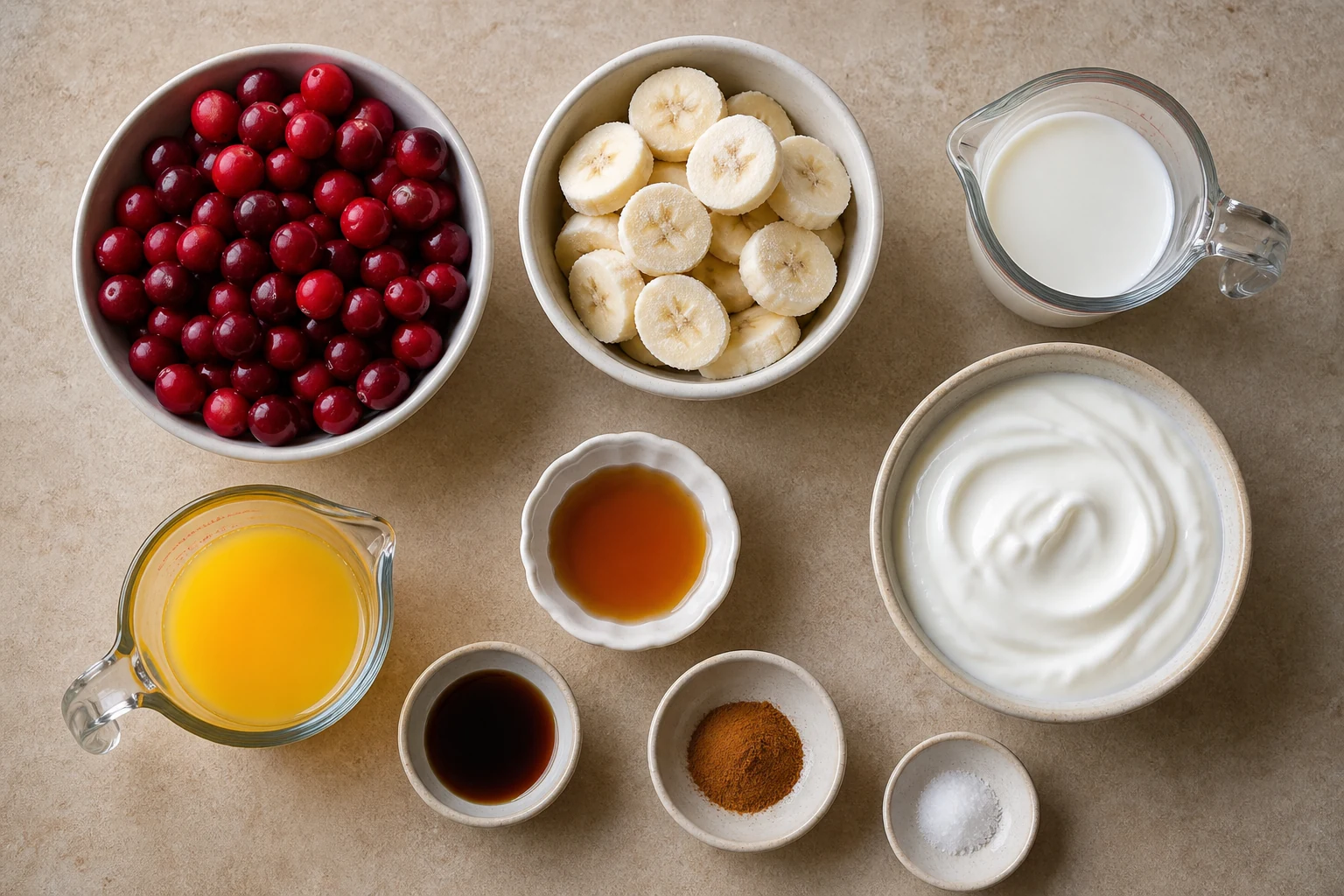 Fresh cranberries, frozen banana slices, Greek yogurt, milk, orange juice, maple syrup, vanilla, cinnamon and salt measured overhead.