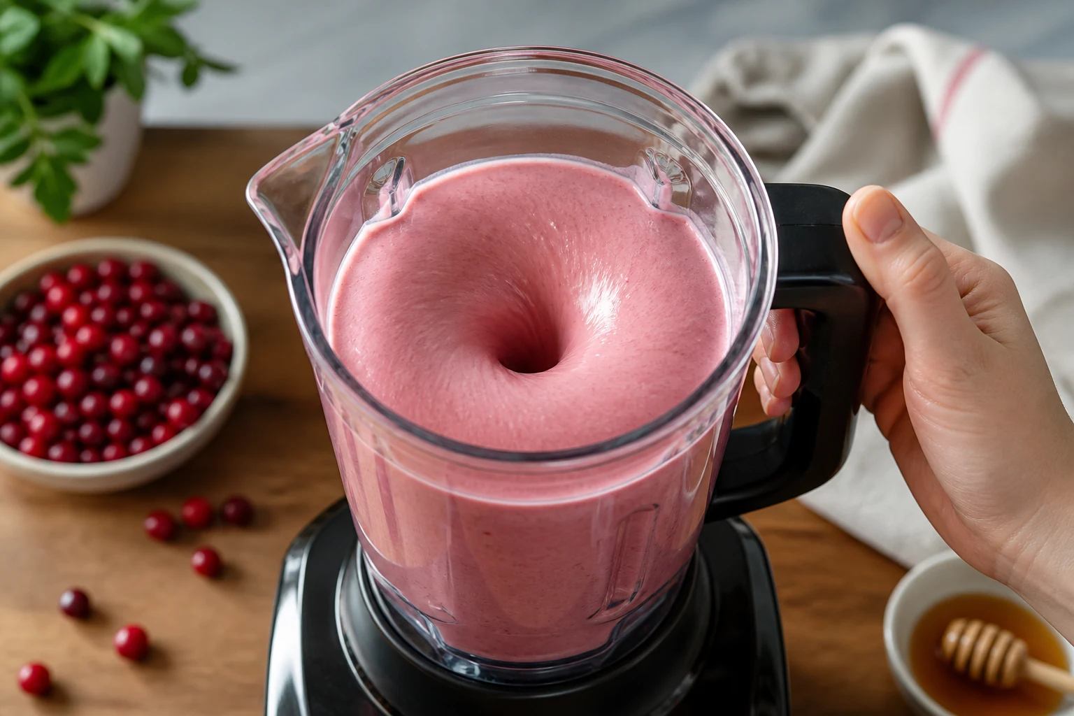 Pink cranberry smoothie forming a smooth vortex in a blender, tiny berry skins fully dispersing and no splashes.