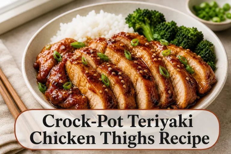 Glazed teriyaki chicken thighs with title reading Crock-Pot Teriyaki Chicken Thighs Recipe