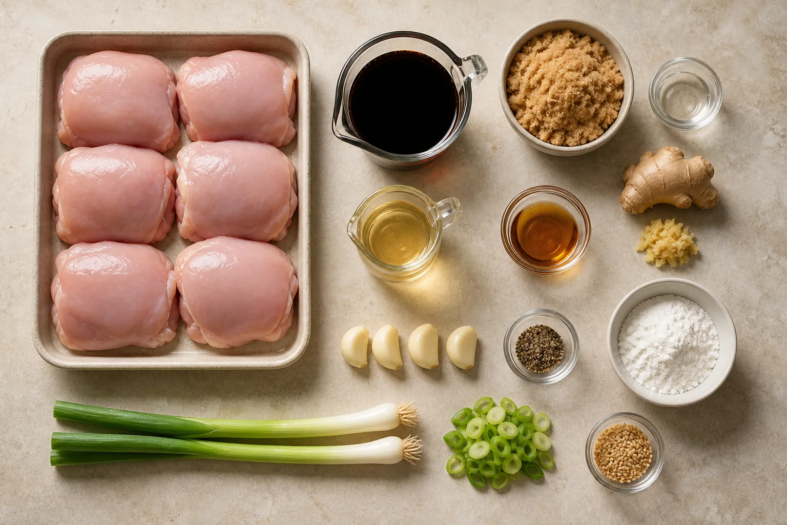 Chicken thighs, soy sauce, brown sugar, vinegar, sesame oil, ginger, garlic and garnishes