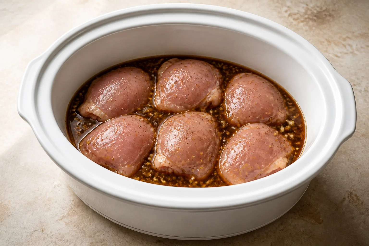 Raw chicken thighs arranged in soy-ginger sauce in a slow cooker