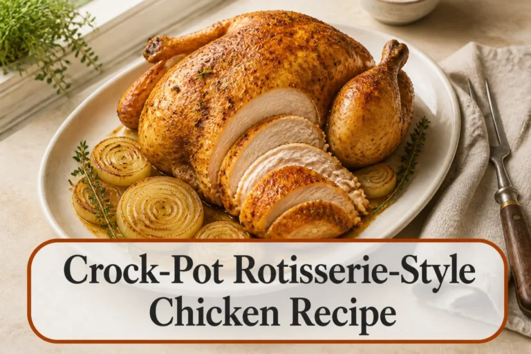 Carved golden whole chicken with title reading Crock-Pot Rotisserie-Style Chicken Recipe