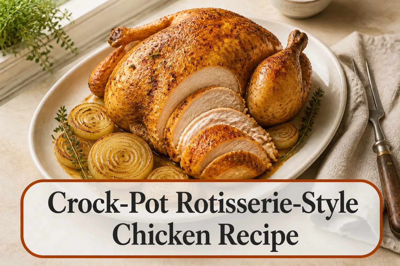 Carved golden whole chicken with title reading Crock-Pot Rotisserie-Style Chicken Recipe
