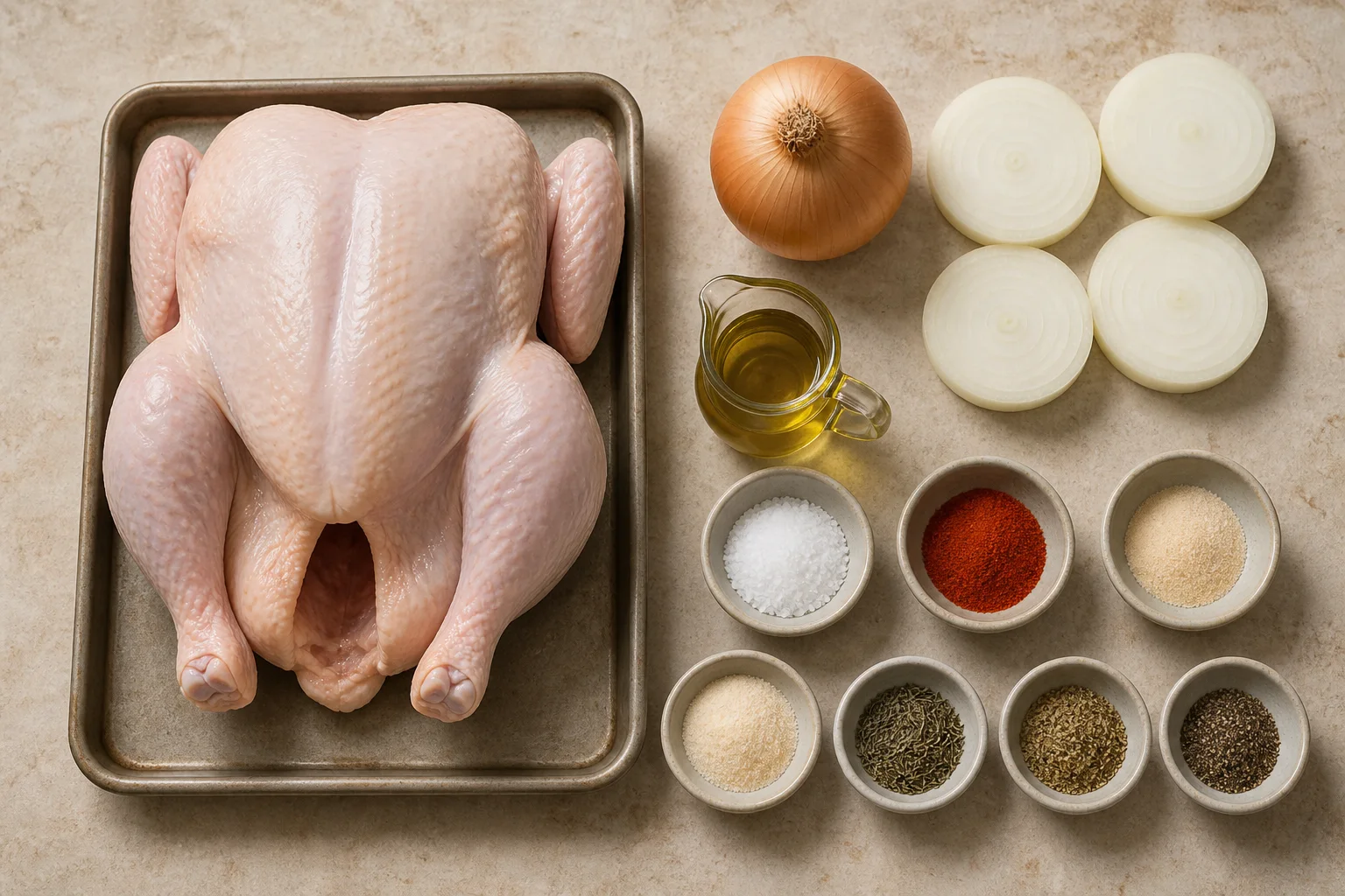 Whole raw chicken, onion, olive oil, paprika, garlic, onion, herbs, salt and pepper