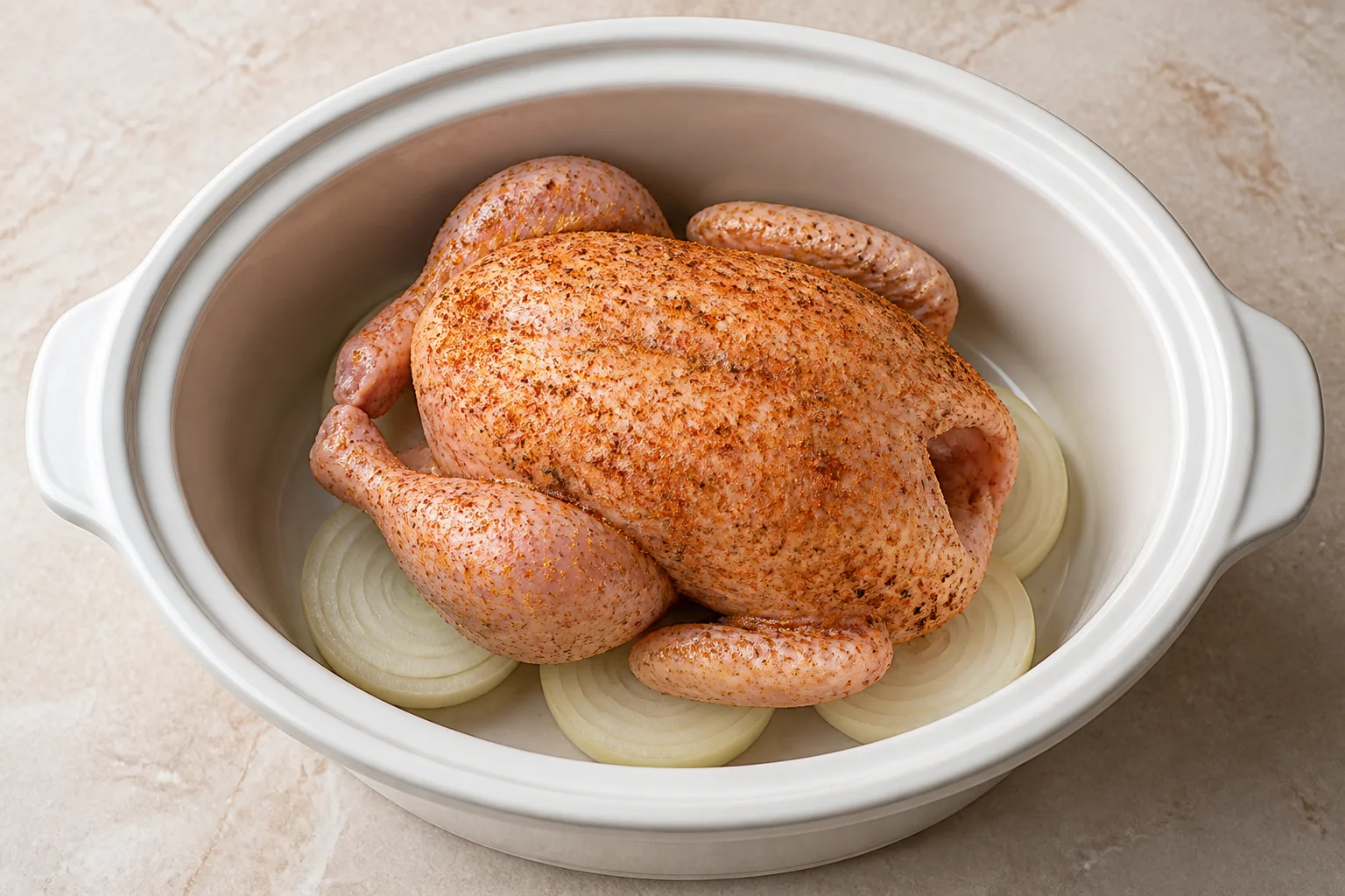 Raw seasoned whole chicken breast-side up on onion rounds in a slow cooker