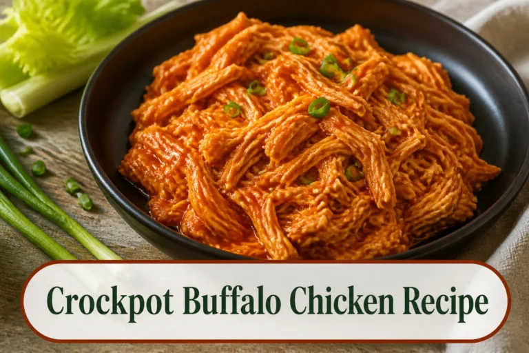 Tender shredded Crockpot Buffalo chicken in a dark shallow bowl with a glossy orange-red sauce, scallions and celery nearby, realistic moist strands rather than soupy liquid. The lower title bubble reads Crockpot Buffalo Chicken Recipe.