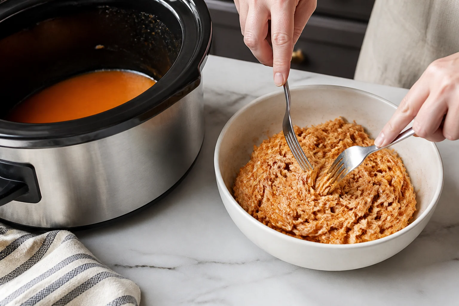 Safely cooked Buffalo chicken being shredded with two forks in a clean bowl beside an open realistic slow cooker holding a small amount of orange cooking sauce.