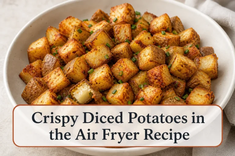 Crispy potato cubes with title reading Crispy Diced Potatoes in the Air Fryer Recipe