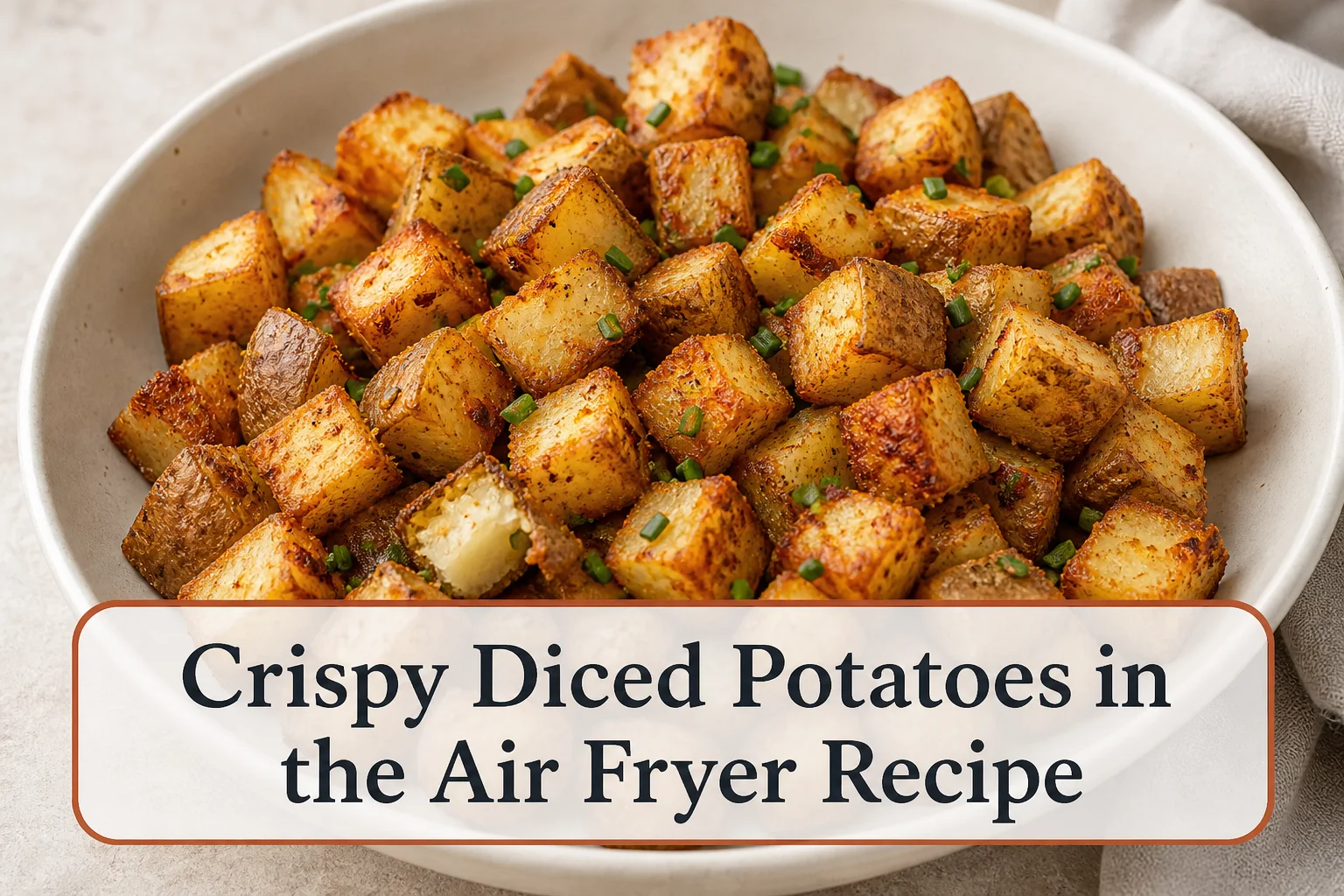 Crispy potato cubes with title reading Crispy Diced Potatoes in the Air Fryer Recipe