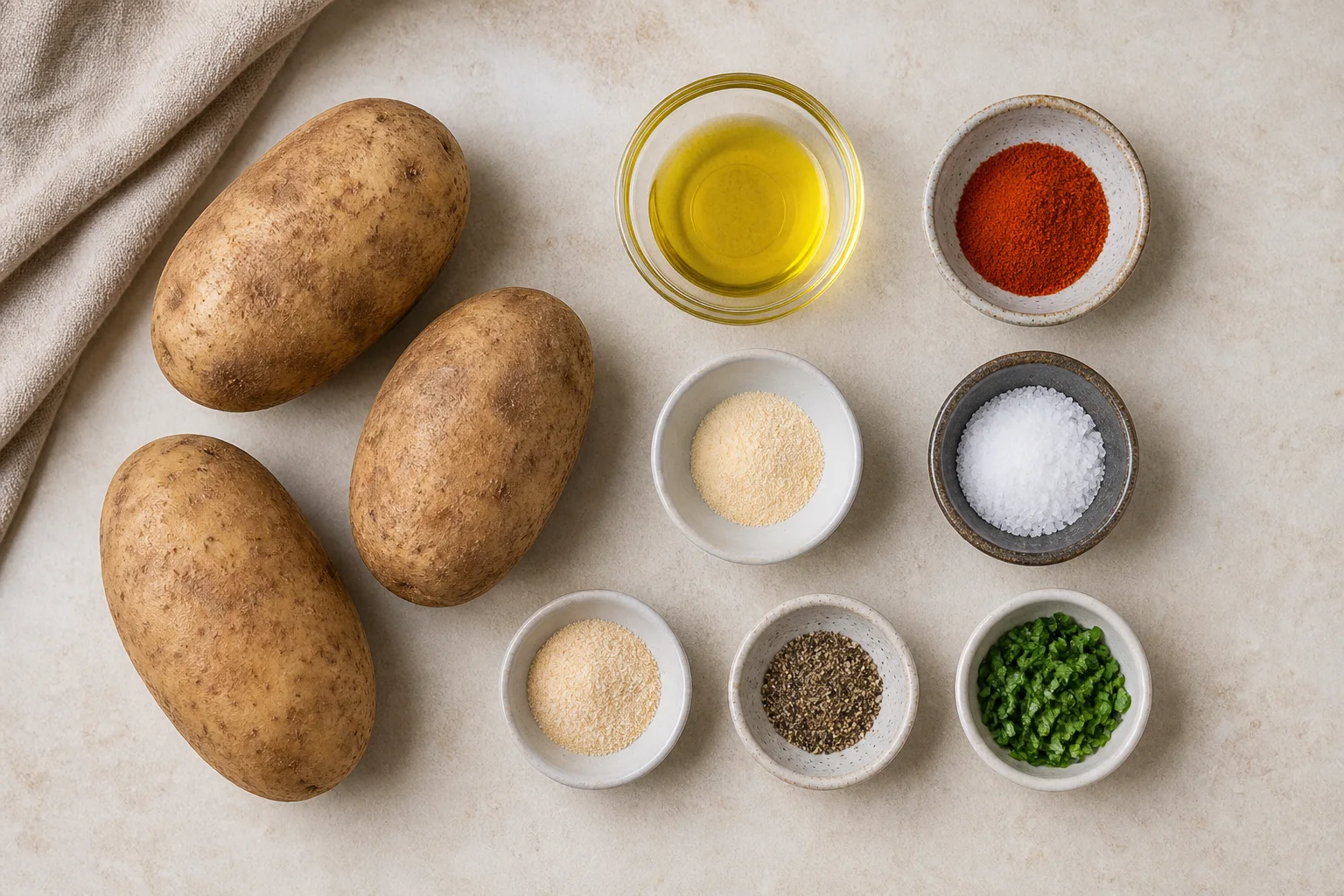 Russet potatoes with oil, paprika, garlic powder, salt, onion powder, pepper and herbs
