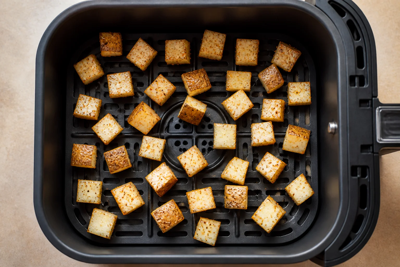 Raw seasoned three-quarter-inch potato cubes arranged in one layer in an air fryer