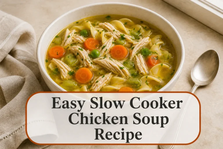 Chicken noodle soup with title reading Easy Slow Cooker Chicken Soup Recipe