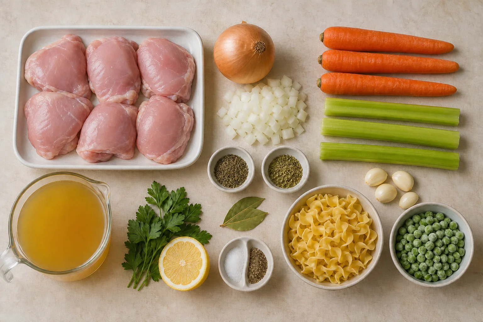 Chicken thighs, broth, egg noodles, vegetables, herbs, lemon and seasonings