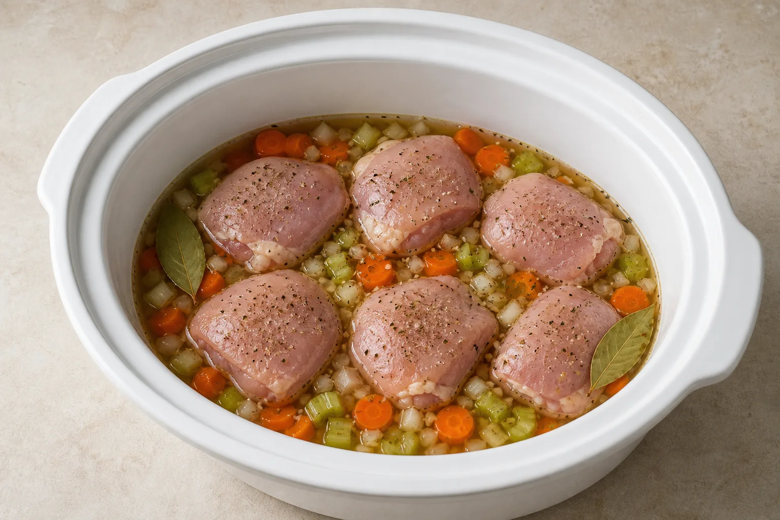 Raw chicken thighs over carrots, celery and onion with broth in a slow cooker