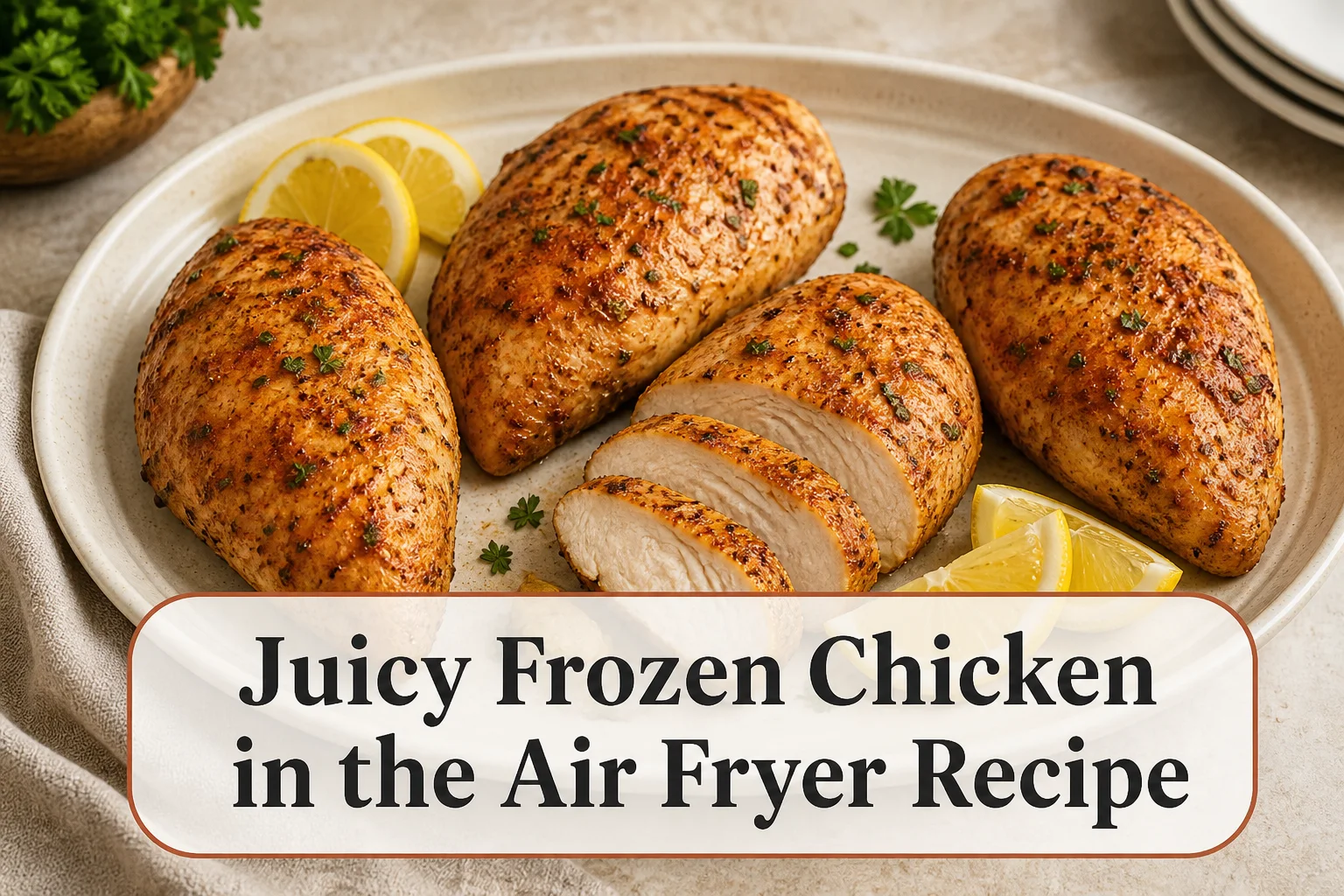 Four seasoned air fryer chicken breasts with one sliced to show the fully cooked juicy center