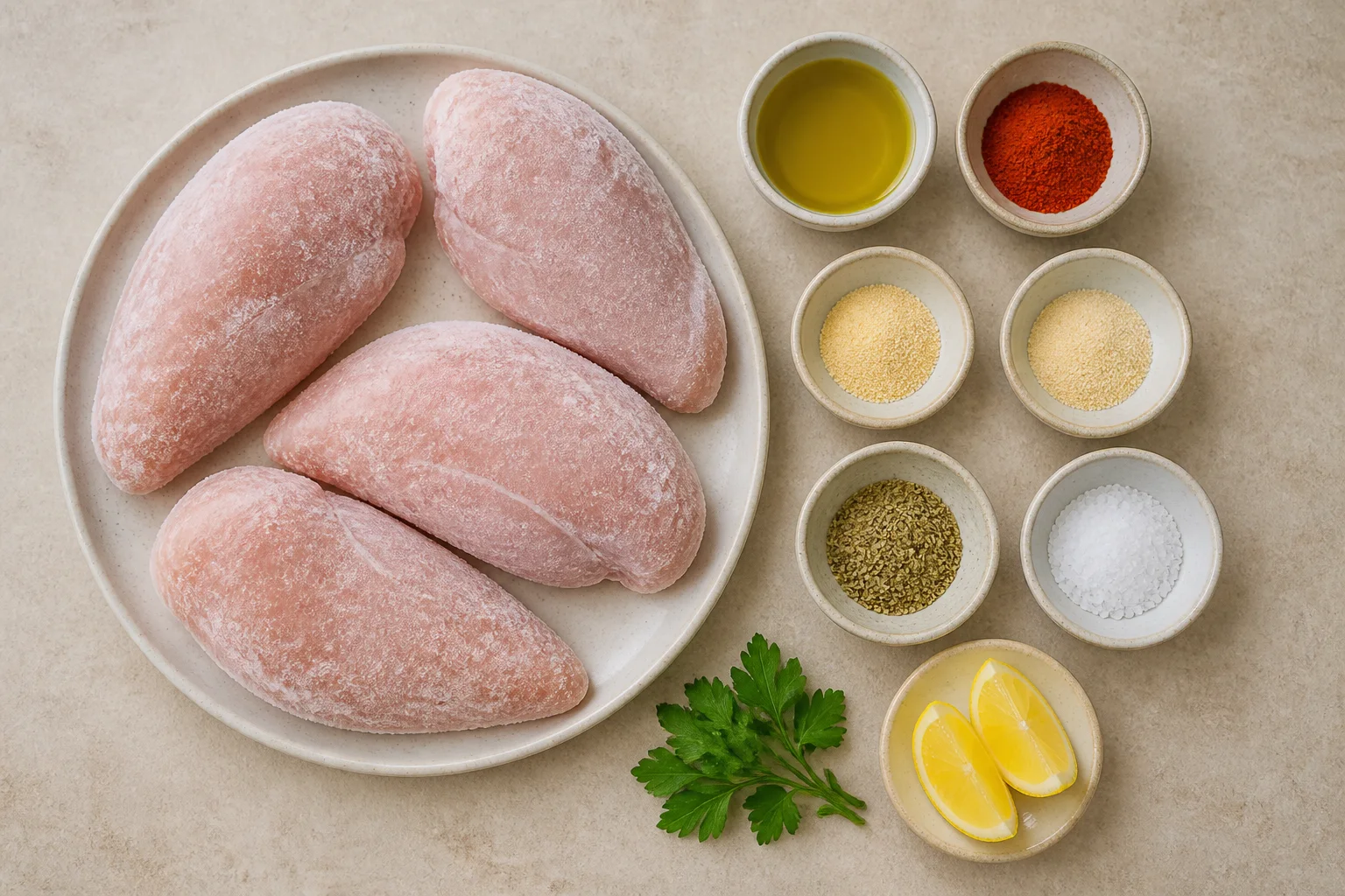 Four frozen boneless chicken breasts with oil, paprika, garlic, onion, oregano, salt and pepper