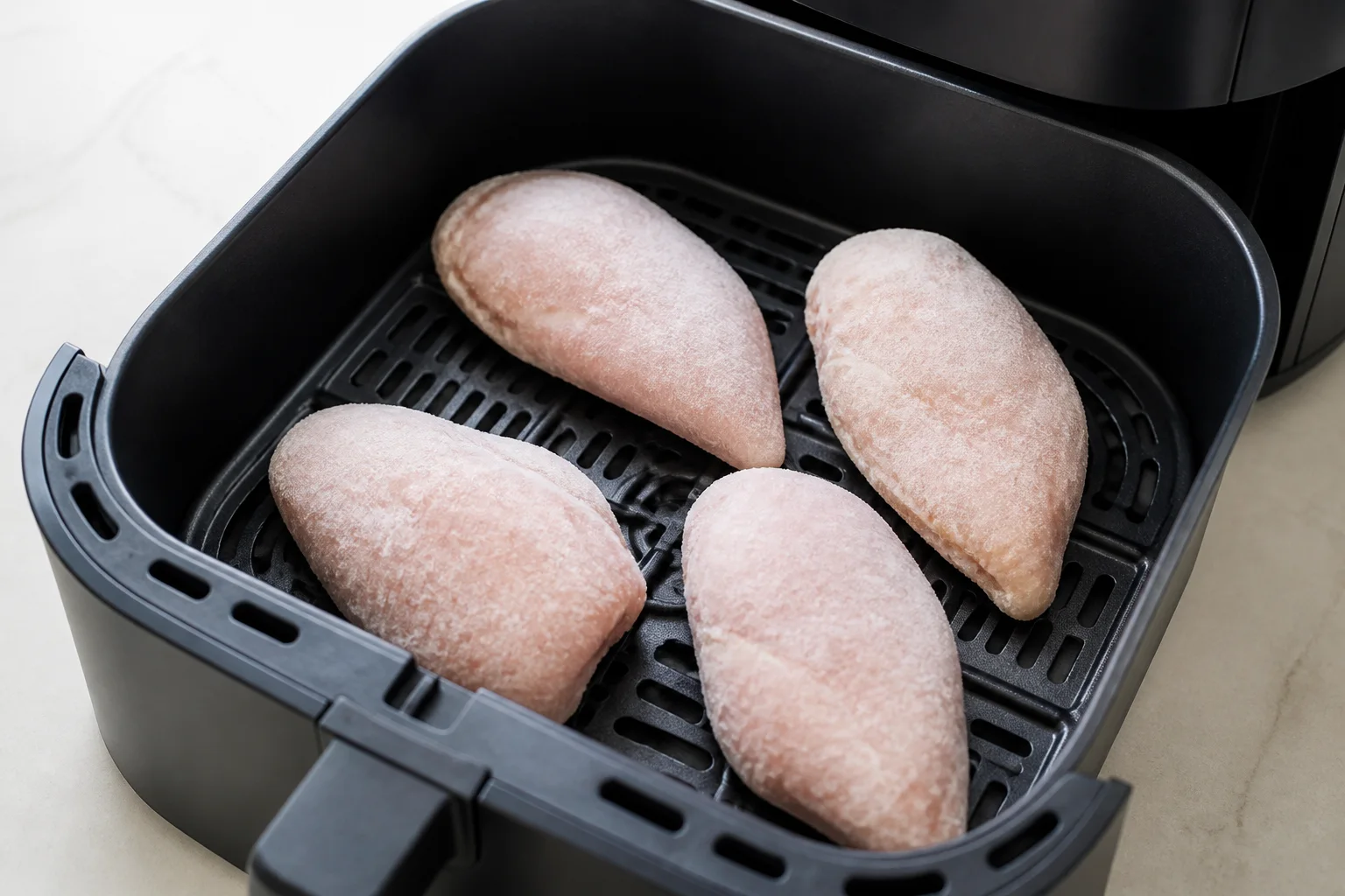 Four frosty boneless chicken breasts arranged separately in a single layer in an air fryer basket