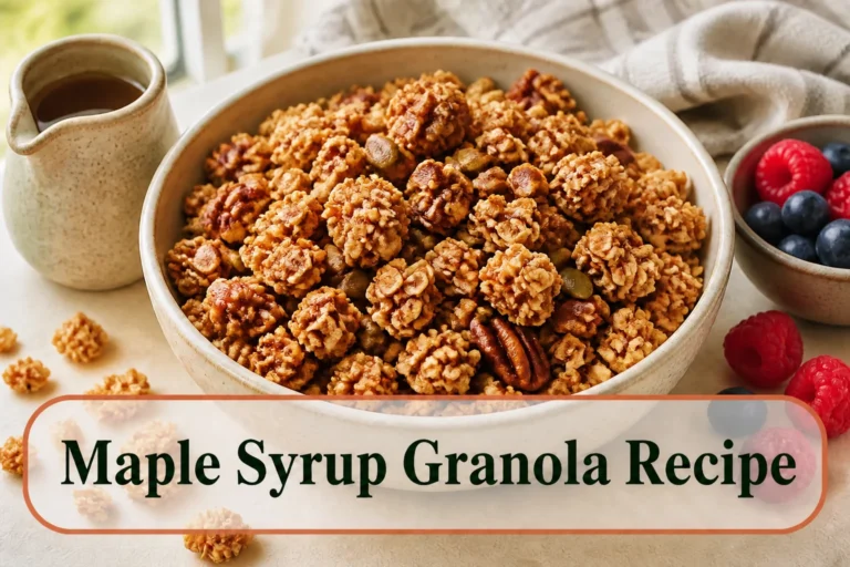 Large crisp maple granola clusters with toasted oats, pecans and pumpkin seeds in a cream bowl, a small maple pitcher and berries nearby. The lower title bubble reads Maple Syrup Granola Recipe.