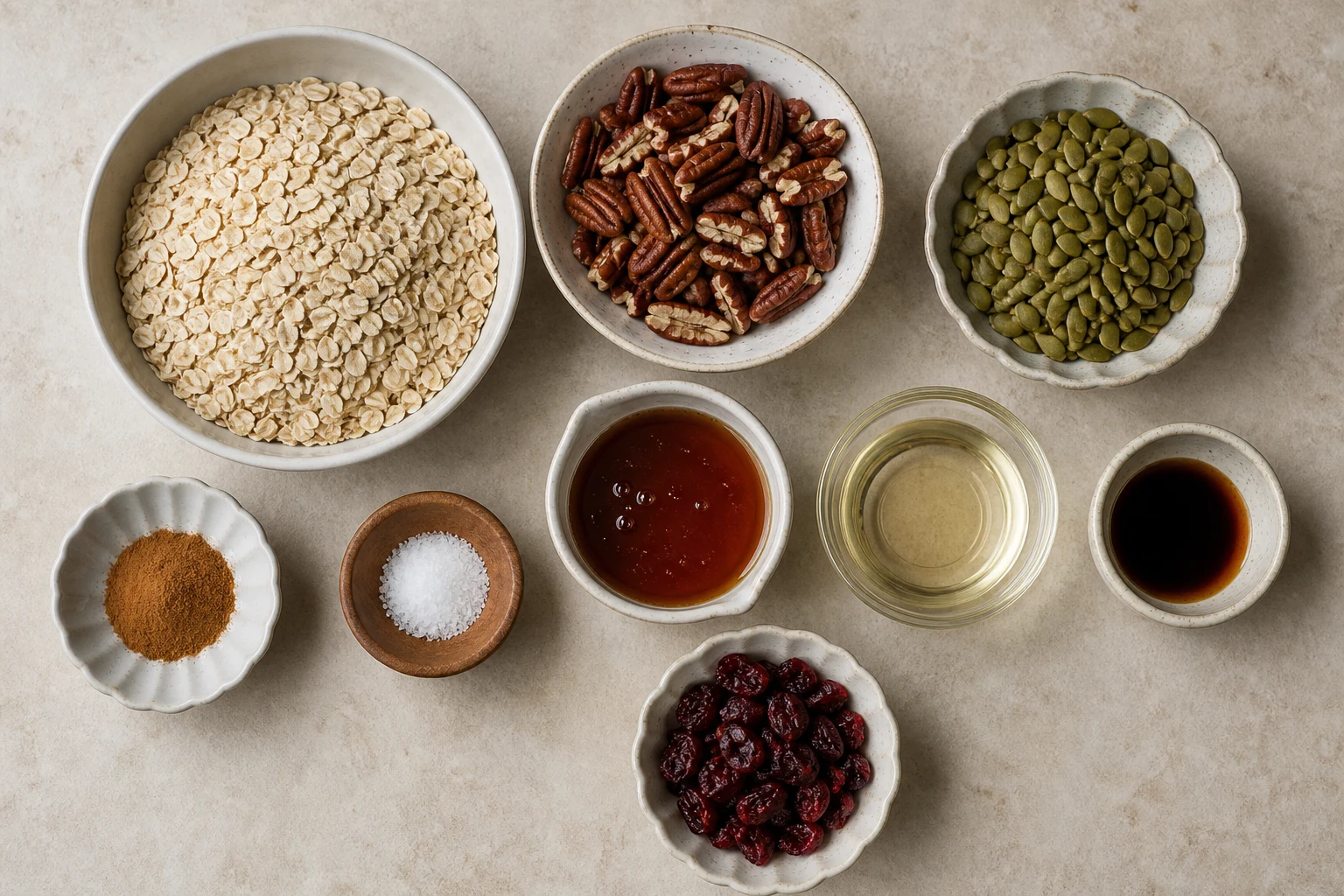 Rolled oats, raw pecans, pumpkin seeds, cinnamon, salt, pure maple syrup, neutral oil, vanilla and dried cranberries measured overhead.