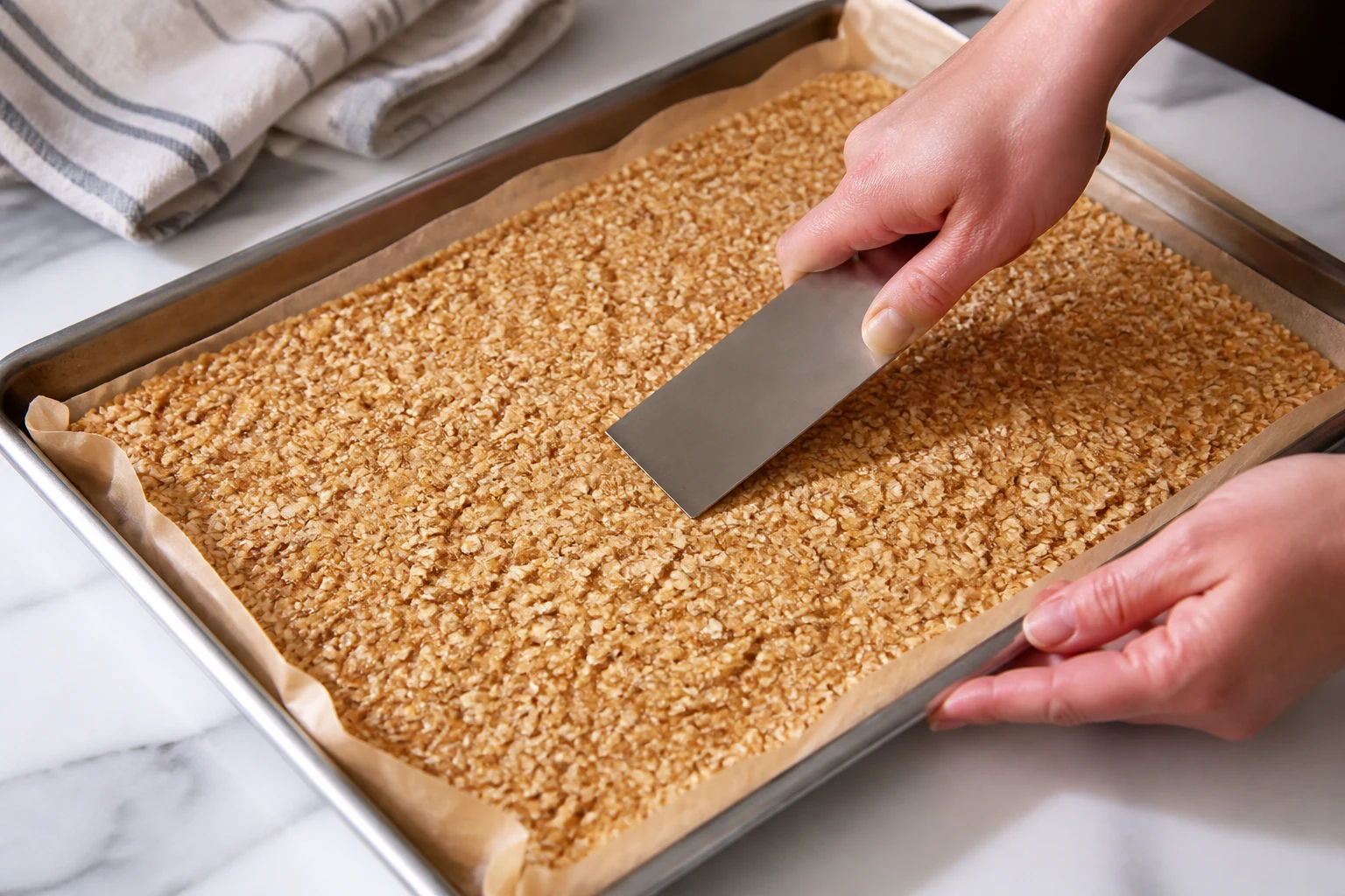 Maple-coated oat mixture pressed firmly into a level compact layer on a parchment-lined sheet pan before baking.