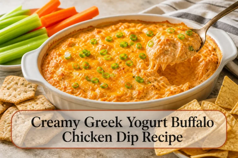 Buffalo chicken dip with title reading Creamy Greek Yogurt Buffalo Chicken Dip Recipe
