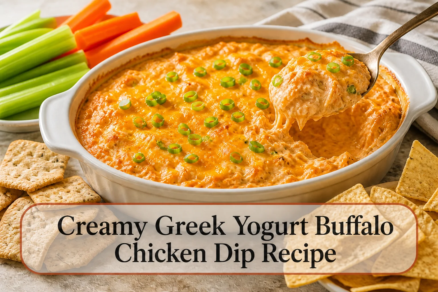 Buffalo chicken dip with title reading Creamy Greek Yogurt Buffalo Chicken Dip Recipe