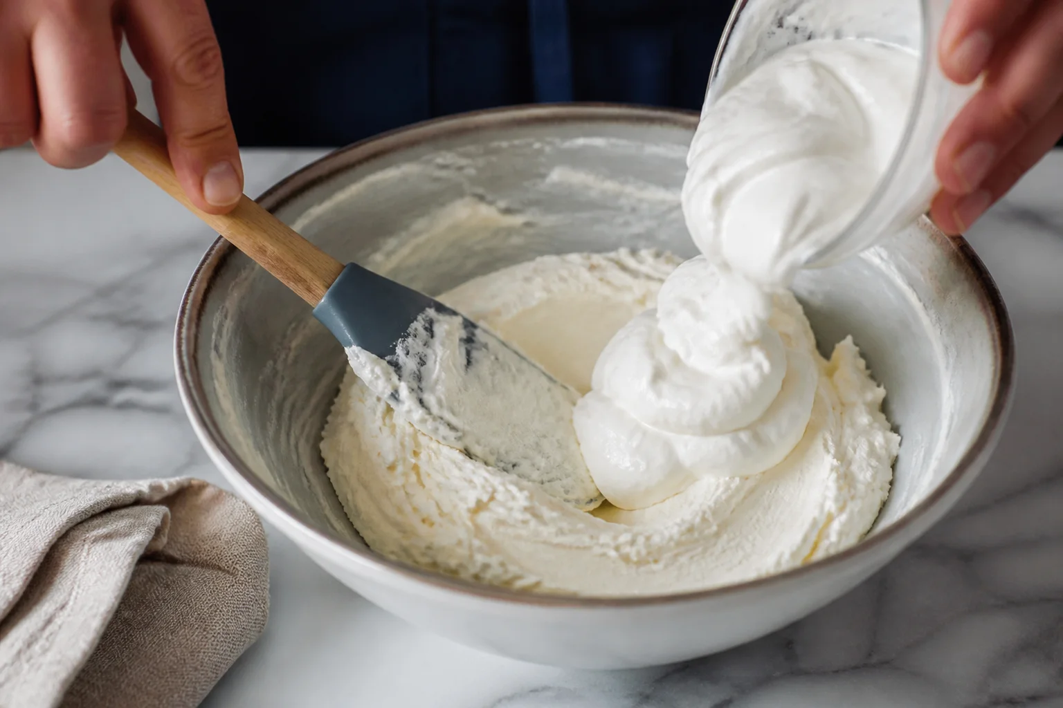Greek yogurt being mixed gradually into softened cream cheese until smooth