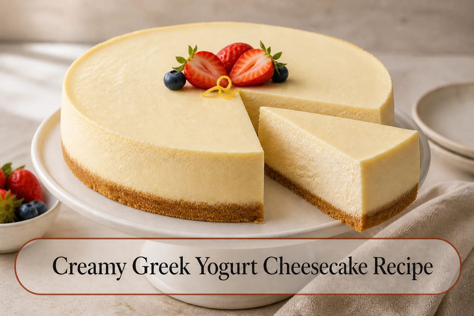 Greek yogurt cheesecake with title reading Creamy Greek Yogurt Cheesecake Recipe