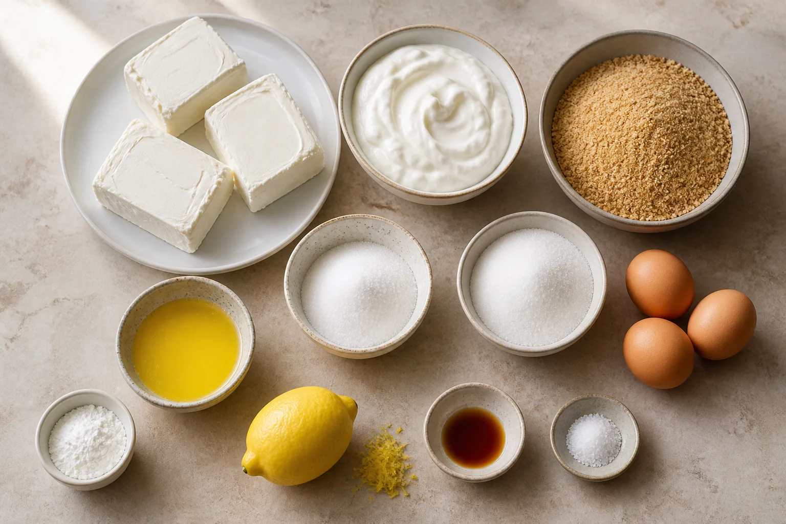 Cream cheese, Greek yogurt, graham crumbs, sugar, butter, cornstarch, lemon, vanilla and three eggs