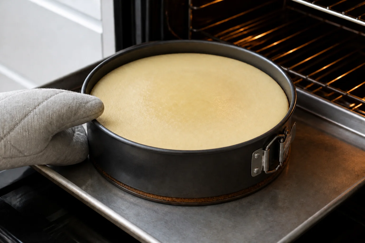 Baked Greek yogurt cheesecake with set edges and a soft cohesive center