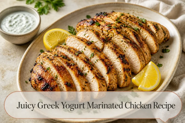 Grilled chicken with title reading Juicy Greek Yogurt Marinated Chicken Recipe