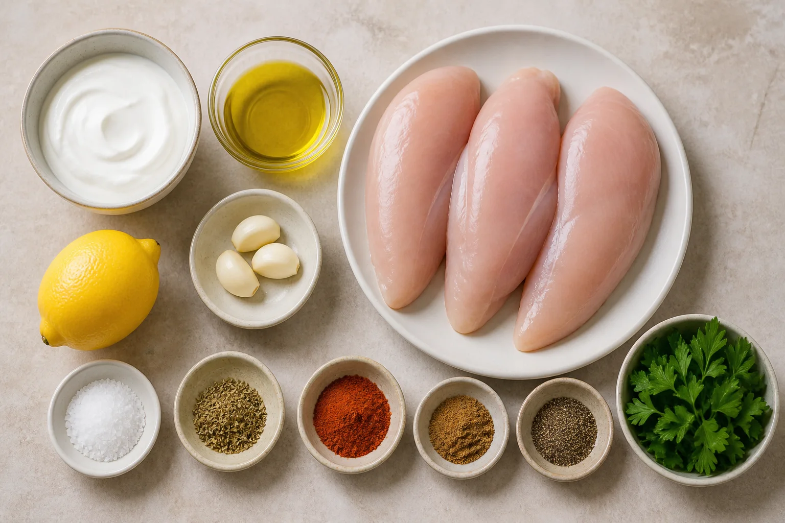 Chicken breasts, Greek yogurt, olive oil, lemon, garlic, salt, oregano, paprika, cumin, pepper and parsley