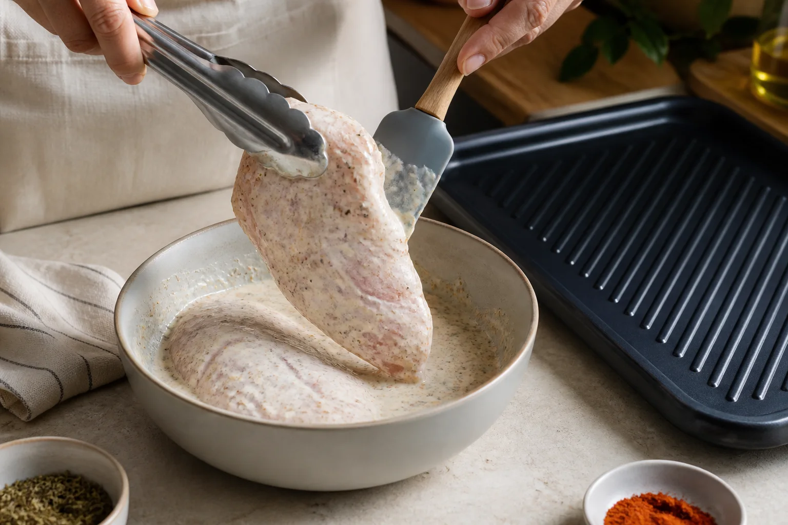 Chicken breast lifted from Greek yogurt marinade with thick excess being scraped away
