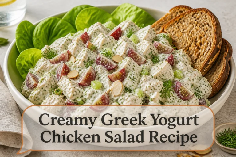 Chicken salad with title reading Creamy Greek Yogurt Chicken Salad Recipe