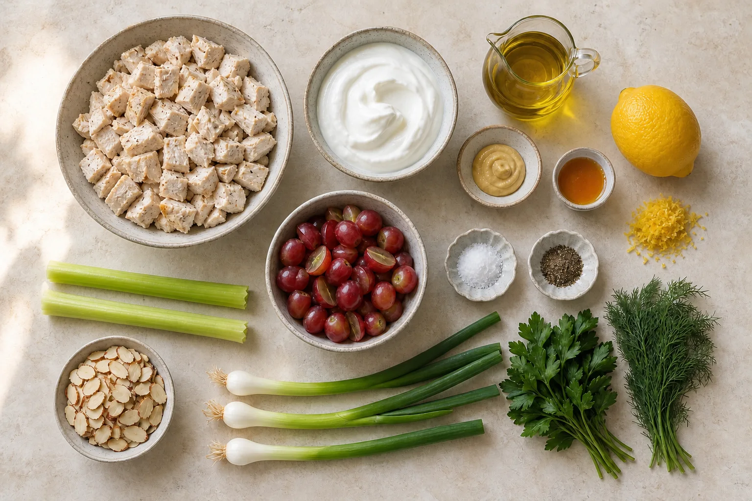 Cooked chicken, Greek yogurt, grapes, celery, scallions, herbs, almonds and dressing ingredients