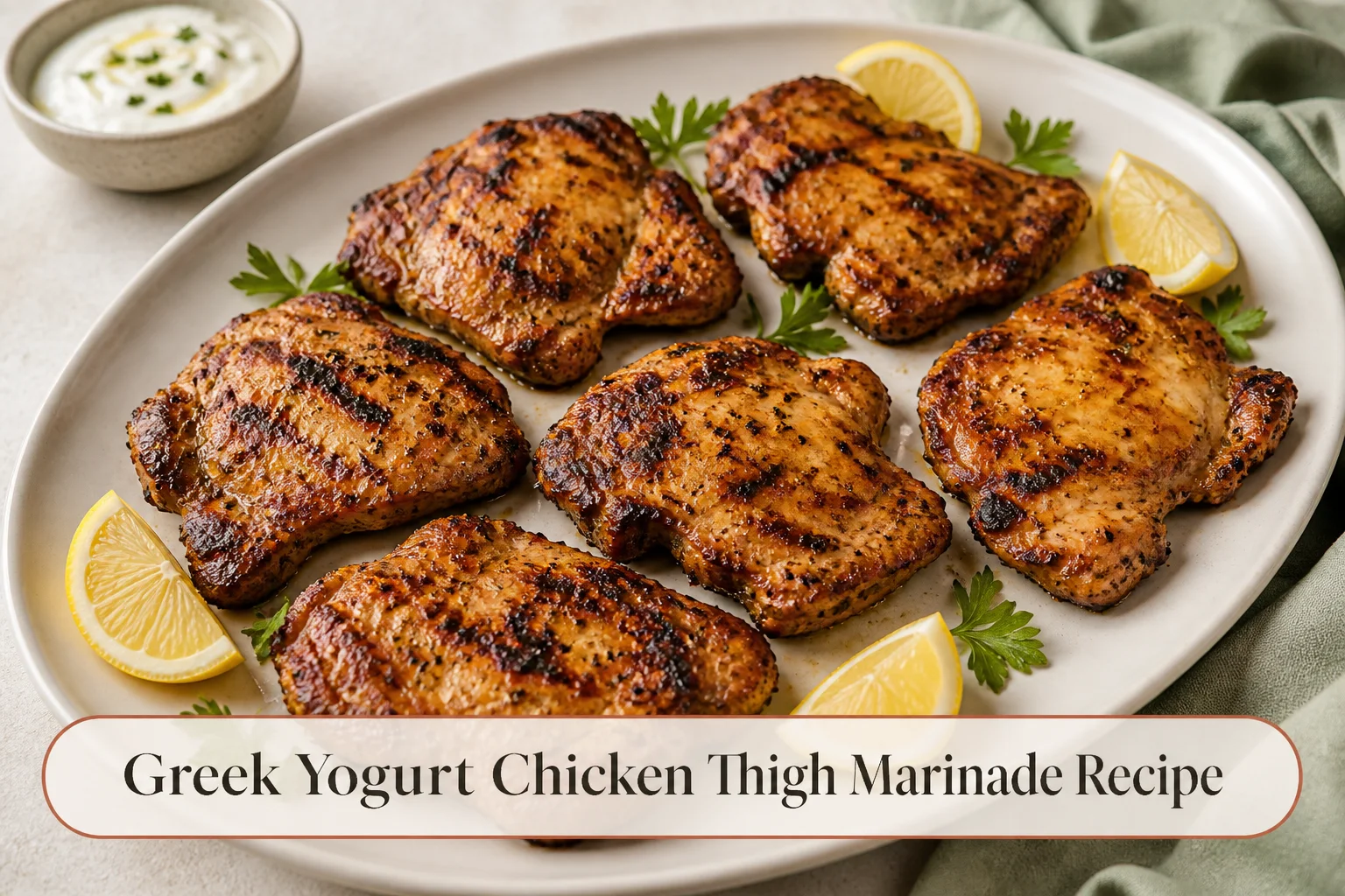 Grilled yogurt-marinated chicken thighs with title reading Greek Yogurt Chicken Thigh Marinade Recipe