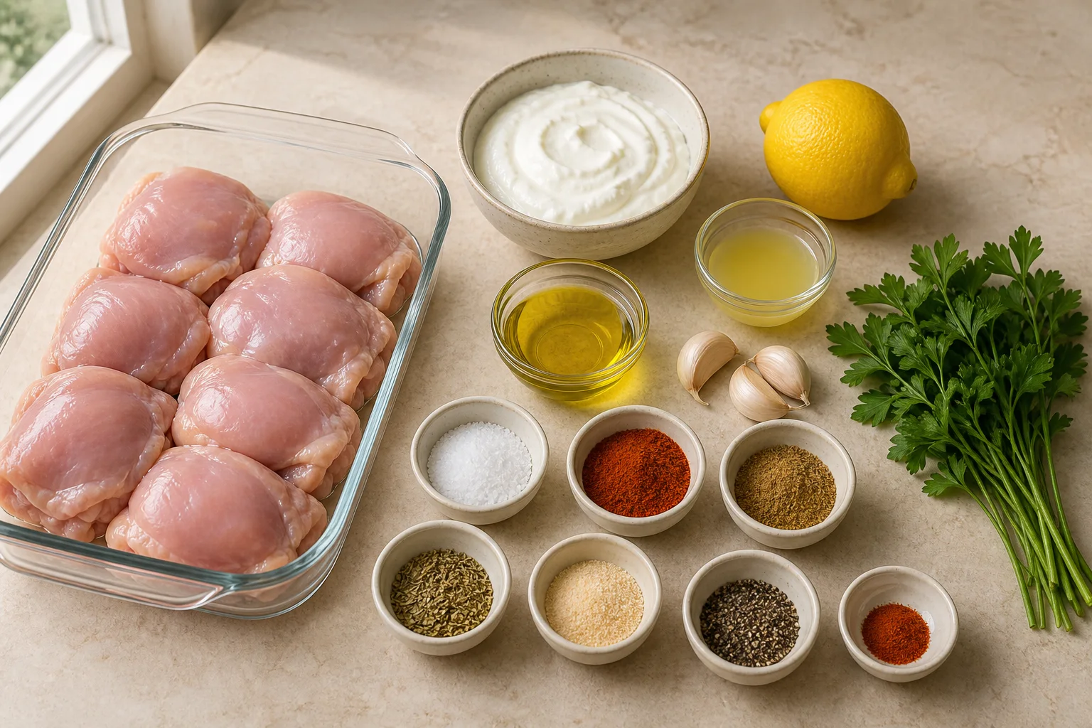 Boneless chicken thighs, Greek yogurt, lemon, olive oil, garlic, paprika, cumin, oregano, onion powder, salt and pepper