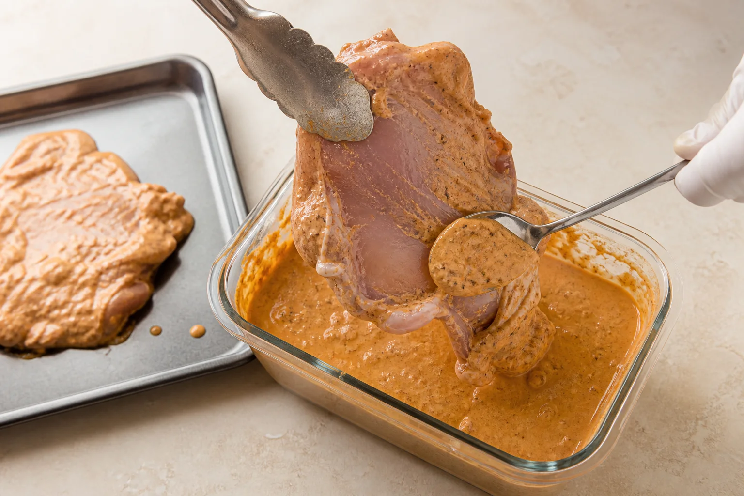 Chicken thigh lifted from Greek yogurt marinade with heavy excess scraped away to leave a thin coating